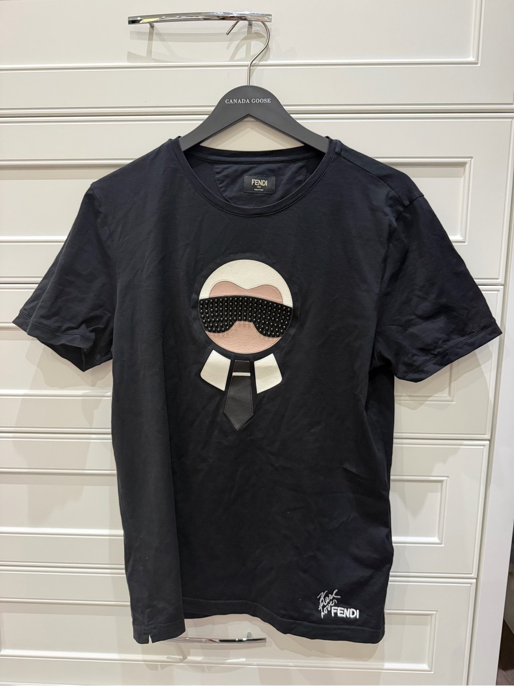 Fendi Black Short Sleeve Graphic Logo Tee with Embellished Patch